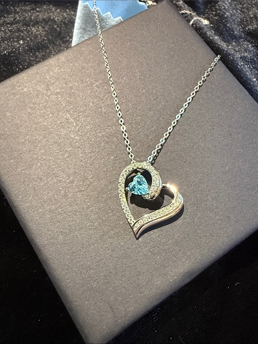 Sterling Silver Heart Necklace with Blue Heart Gem
